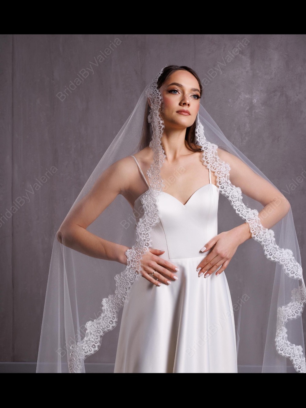 Custom Bridal Ivory Floral Lace Mantilla Veil, Simple Trim, Cathedral Length